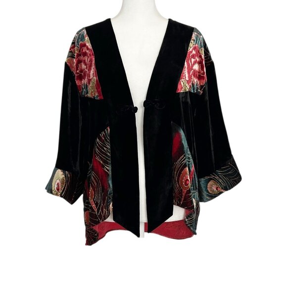 Ania A. Silk Blend Velvet Beaded Sequins Floral Peacock Artsy Kimono Cardigan S - Picture 5 of 16